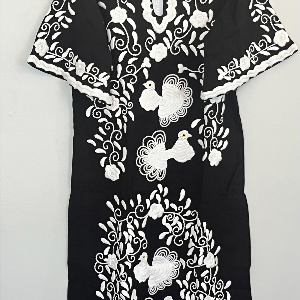 Frances Valentine Black and White Embroidered Peacock Caftan